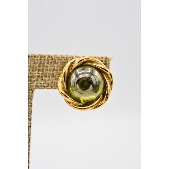 Givenchy Vintage Cabochon Clip On Earrings Gold Green Signed Runway 1980s BinAK - Picture 7 of 12